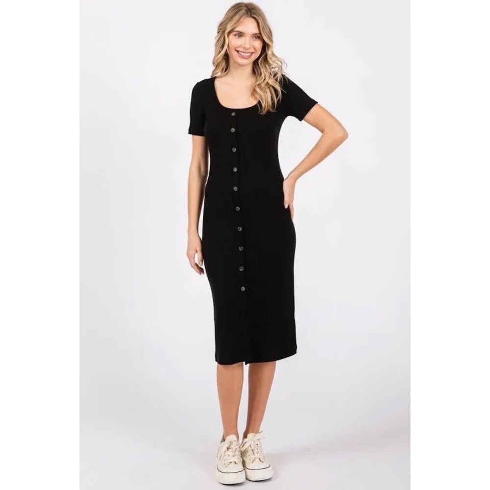 Things Between Black Ribbed Knit‎ Button Front Midi Dress XXXL Short Sleeve